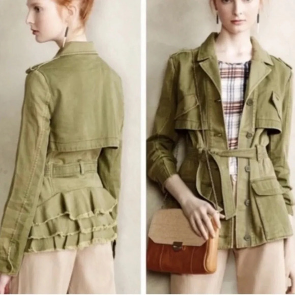 Hei Hei Anthropologie XSP Army Green Ruffleback Belted Anorak Jacket - Picture 5 of 6